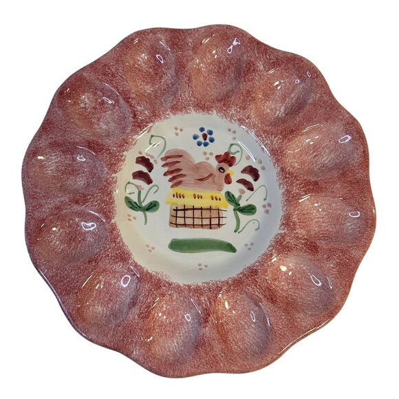 VTG Sigma Taste Setter Hand-Painted Ceramic Pink Rooster Egg Serving Plate 11" - Picture 1 of 7